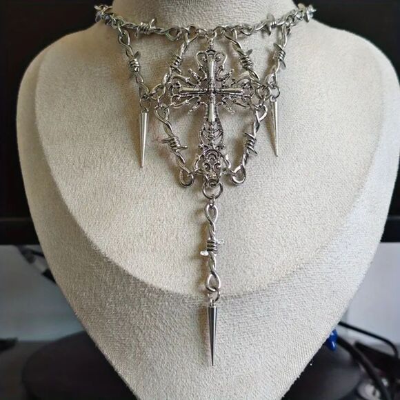 Gothic Goth Emo Punk Silver Barbed Wire Cross Choker Necklace Pendant - Picture 2 of 4